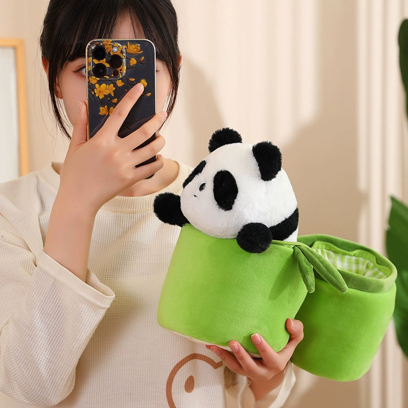 Cute Bamboo Tube Flower Doll Cute Bamboo Joint Cute Blue Cloth Doll Holding Bamboo Giant Panda Doll Plush Toy