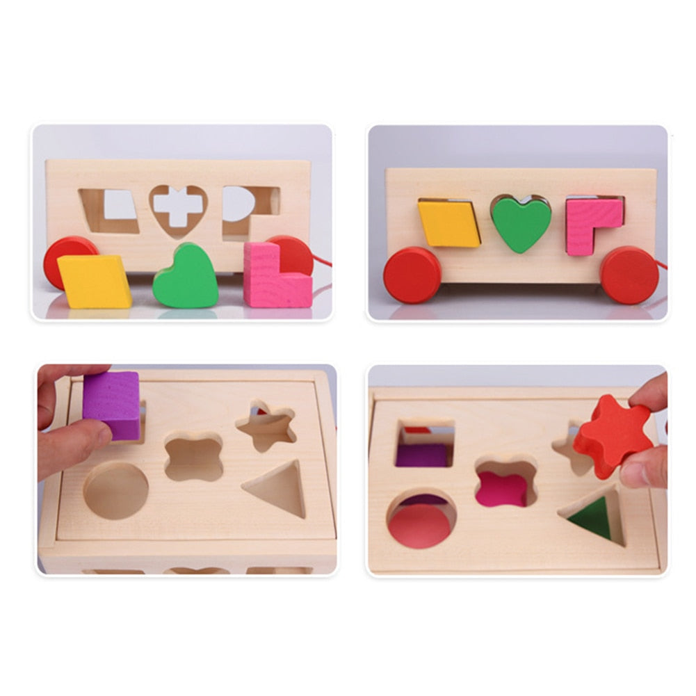 Montessori Shape Sorter Toys Wooden Pull Along Car Shape Matching Blocks Box Kids Intelligence Educational Toys For Kids