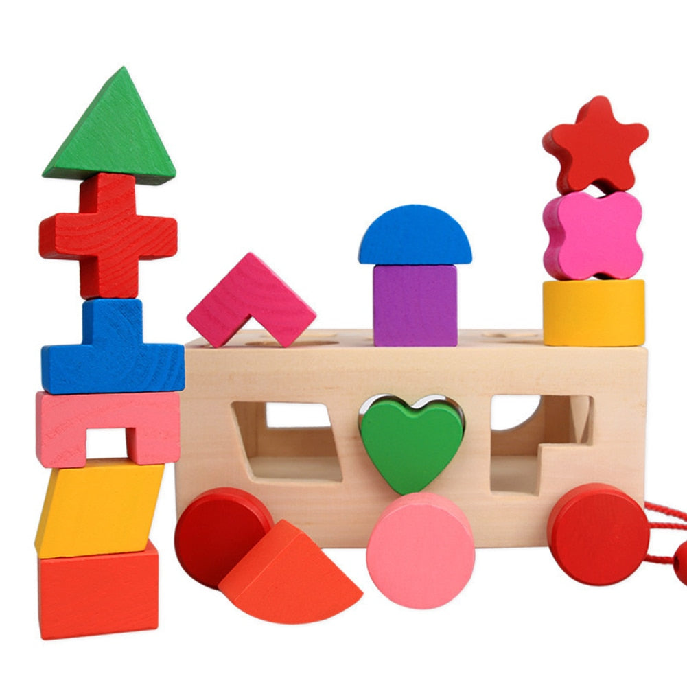 Montessori Shape Sorter Toys Wooden Pull Along Car Shape Matching Blocks Box Kids Intelligence Educational Toys For Kids