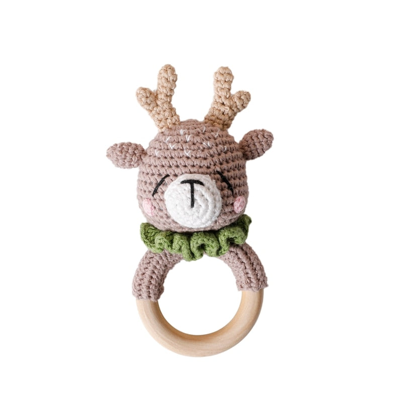 1PC Baby Rattle Toys Cartton Animal Crochet Wooden Rings Rattle DIY Crafts Teething Rattle Amigurumi For Baby Cot Hanging Toy