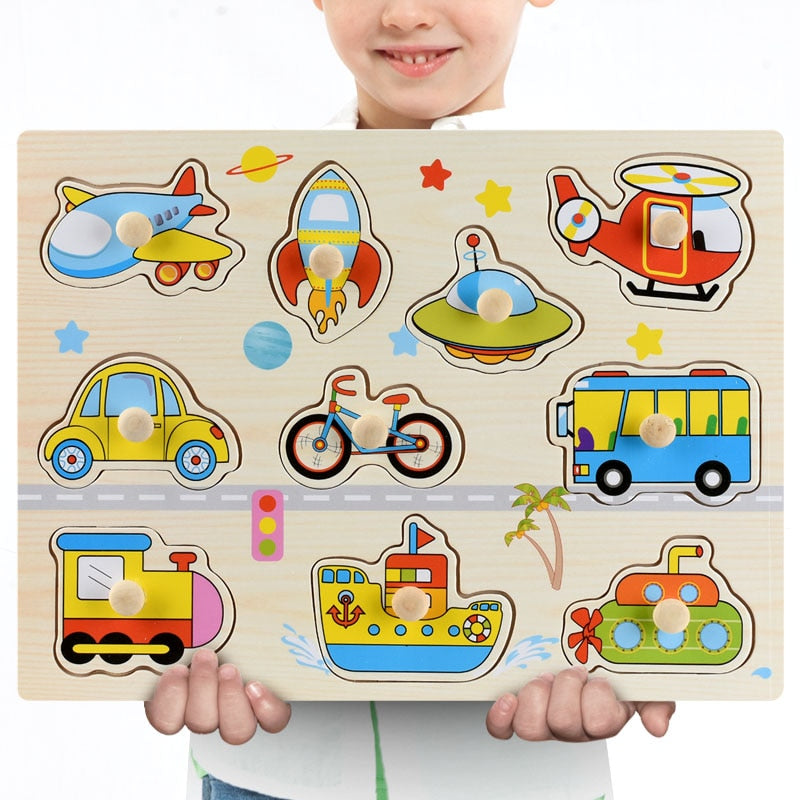 Montessori Wooden Puzzles Hand Grab Boards Toys Tangram Jigsaw Baby Educational Toys Cartoon Vehicle Animals Fruits 3D Puzzles