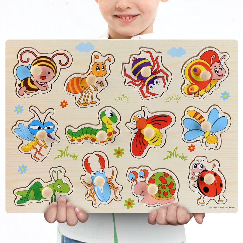 Montessori Wooden Puzzles Hand Grab Boards Toys Tangram Jigsaw Baby Educational Toys Cartoon Vehicle Animals Fruits 3D Puzzles