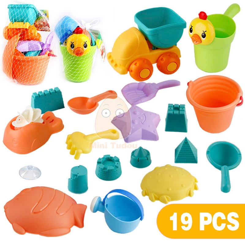Summer Silicone Soft Baby Beach Toys Kids Mesh Bag Bath Play Set Beach Party Cart Ducks Bucket Sand Molds Tool Water Game