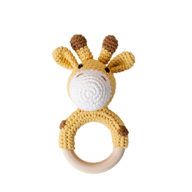 1PC Baby Rattle Toys Cartton Animal Crochet Wooden Rings Rattle DIY Crafts Teething Rattle Amigurumi For Baby Cot Hanging Toy