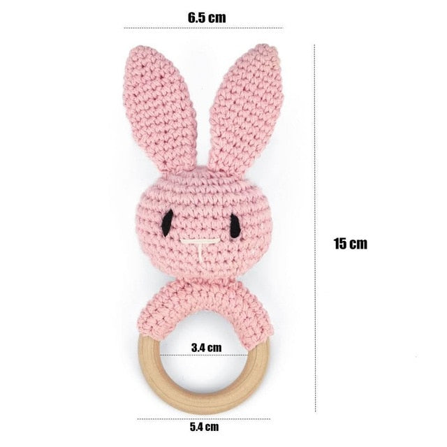 1PC Baby Rattle Toys Cartton Animal Crochet Wooden Rings Rattle DIY Crafts Teething Rattle Amigurumi For Baby Cot Hanging Toy
