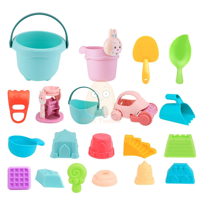 Summer Silicone Soft Baby Beach Toys Kids Mesh Bag Bath Play Set Beach Party Cart Ducks Bucket Sand Molds Tool Water Game