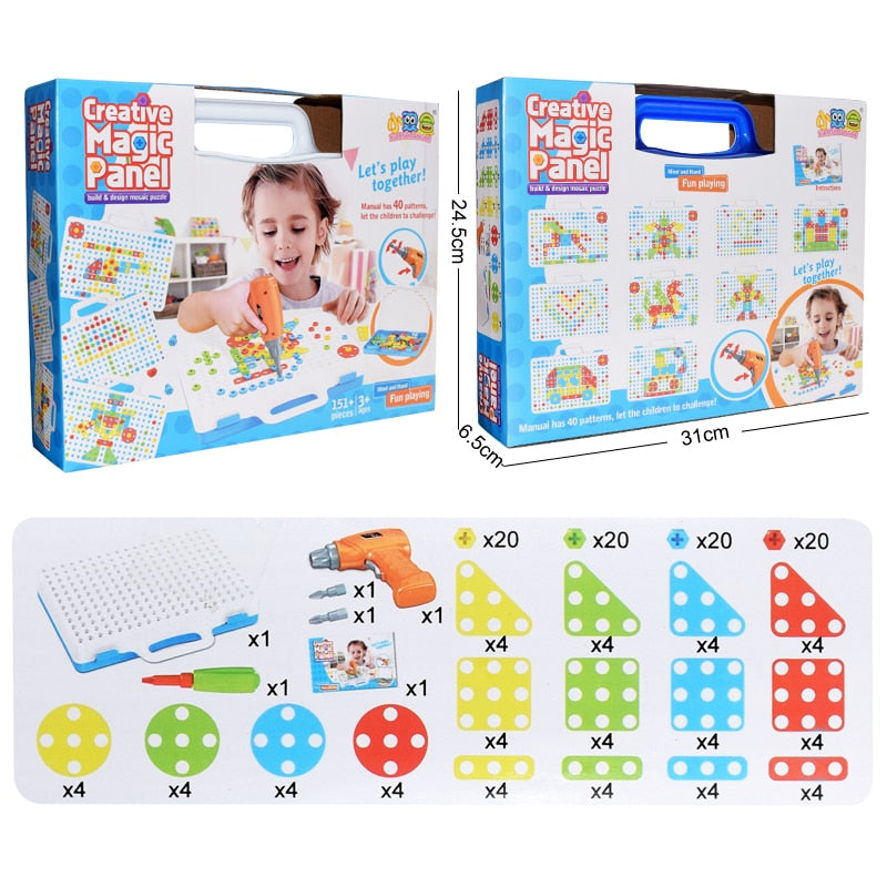 Drilling Screw 3D Creative Mosaic Puzzle Toys For Children Building Bricks Toys Kids DIY Electric Drill Set Boys Educational Toy